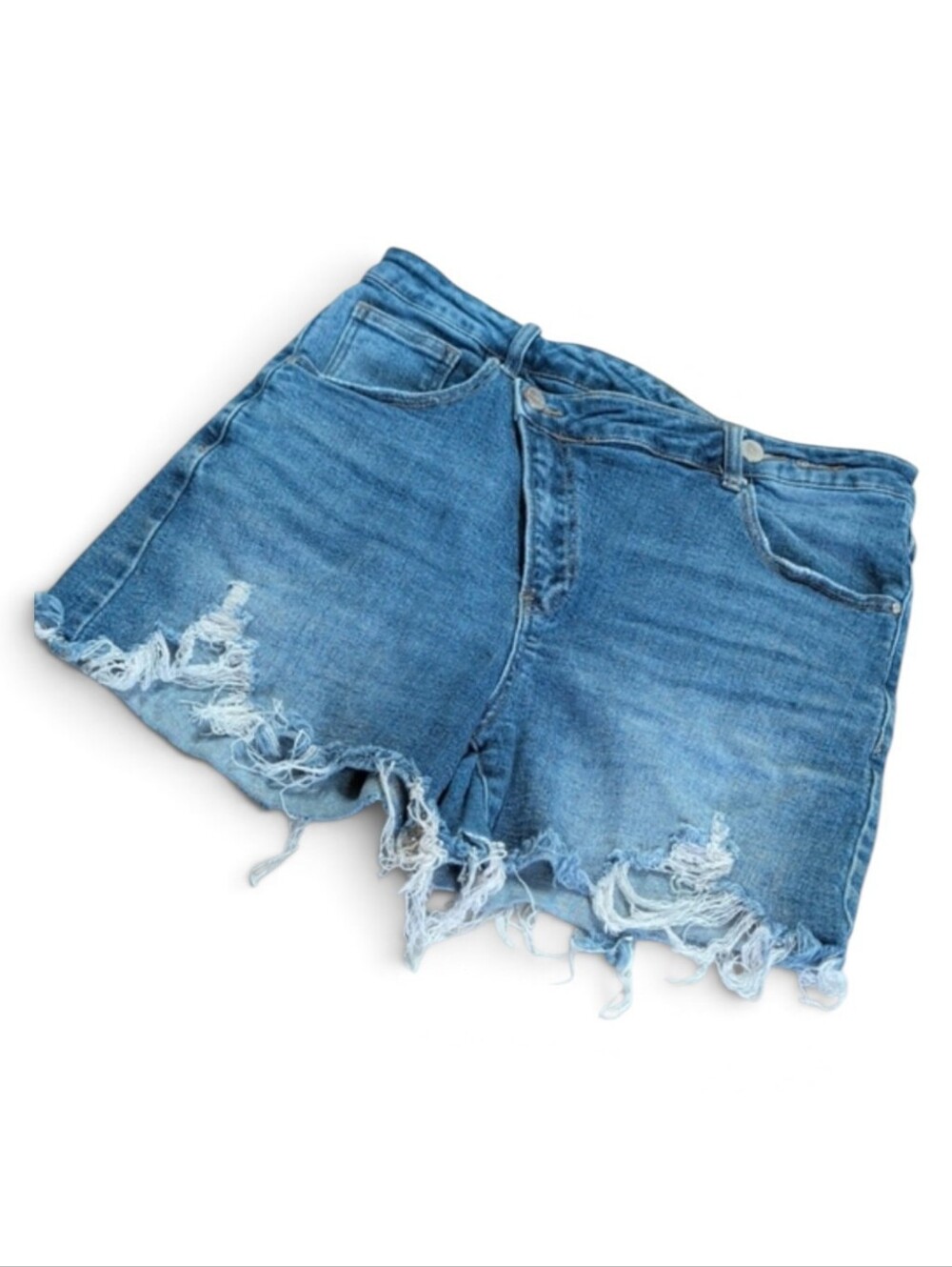 Risen, Asymmetrical/Crossover Fly Distressed Jean Shorts. XL